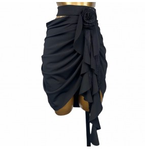 Women girls black rose fringe latin dance skirts irregular hem salsa rumba chacha performance skirt for female